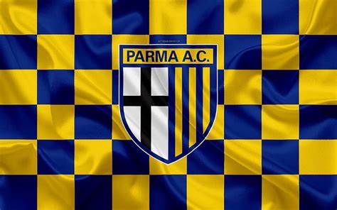 Logo del Parma Calcio su sfondo giallo: scudo diviso in due parti, a sinistra croce nera su campo bianco, a destra strisce verticali gialle e blu.