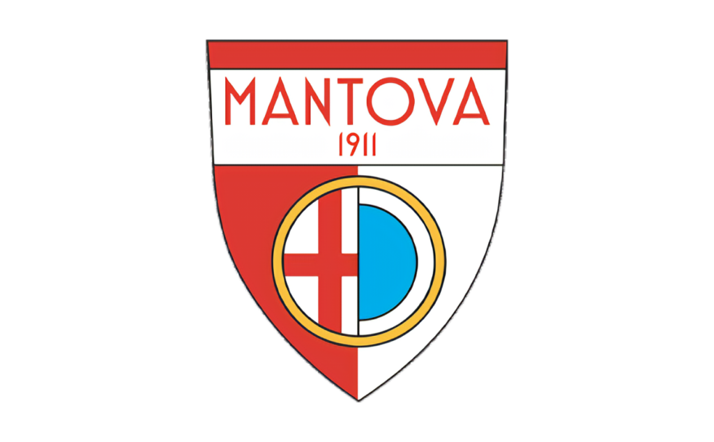 Logo del Mantova: scudetto bianco e rosso con croce rossa, cuore stilizzato e scritta Mantova 1911 in alto.