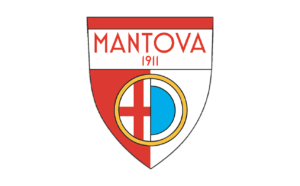 Logo del Mantova: scudetto bianco e rosso con croce rossa, cuore stilizzato e scritta Mantova 1911 in alto.