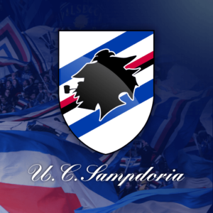 Logo dell’U.C. Sampdoria: scudo con sfondo bianco e bande orizzontali blu, bianche, rosse e nere, al centro la sagoma nera di un marinaio con pipa.