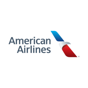 Scritta American Airlines e logo blu, bianco e rosso della compagnia aerea, su sfondo bianco.