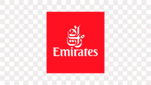 Logo Emirates con scritta bianca e sfondo rosso