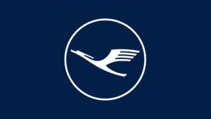 Logo bianco Lufthansa con sfondo blu