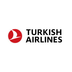 Scritta Turkish Airlines in nero su sfondo bianco con logo rosso e bianco.