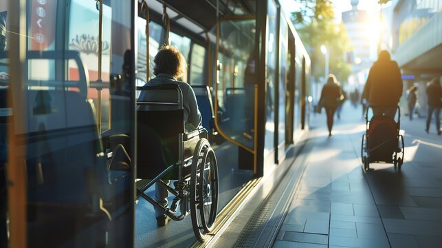 Accessibilità nei trasporti pubblici: persona in sedia a rotelle che entra in autobus grazie a una rampa in città