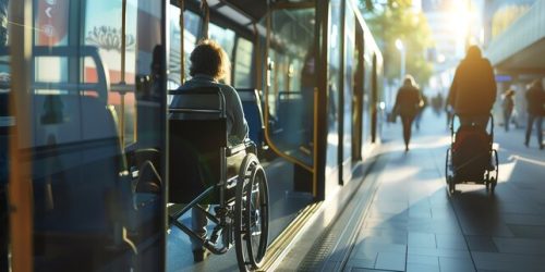 Accessibilità nei trasporti pubblici: persona in sedia a rotelle che entra in autobus grazie a una rampa in città